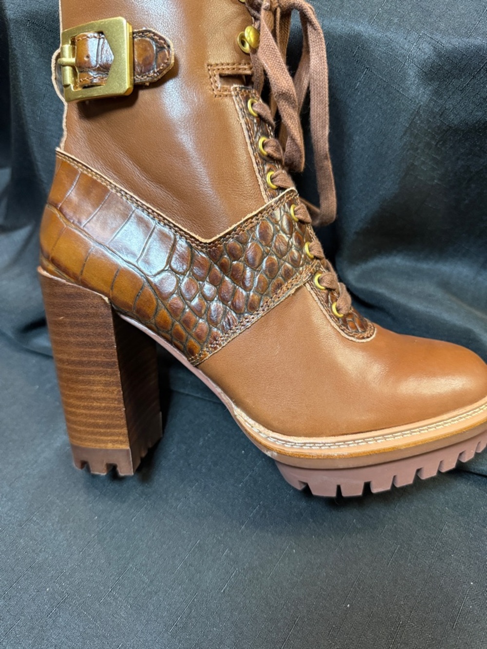 Vince Camuto Chestnut Brown Lace-Up Block Heel Boots - Picture 4 of 7